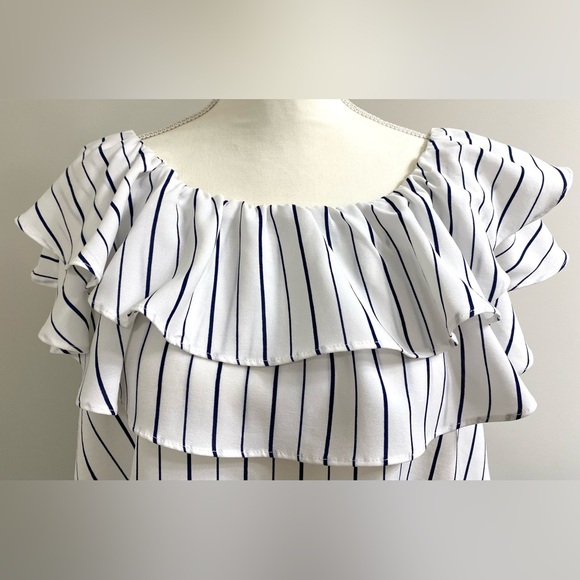 She + Sky Womens L White Blue Stripe Ruffle Flowy Crop Top Boho Y2K Maximalist - Picture 3 of 14